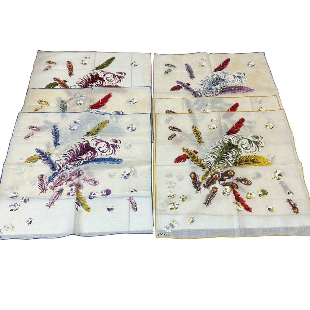 Vintage Colette Hand Printed Cotton Handkerchiefs Set of 6 Feather Plume 14x14